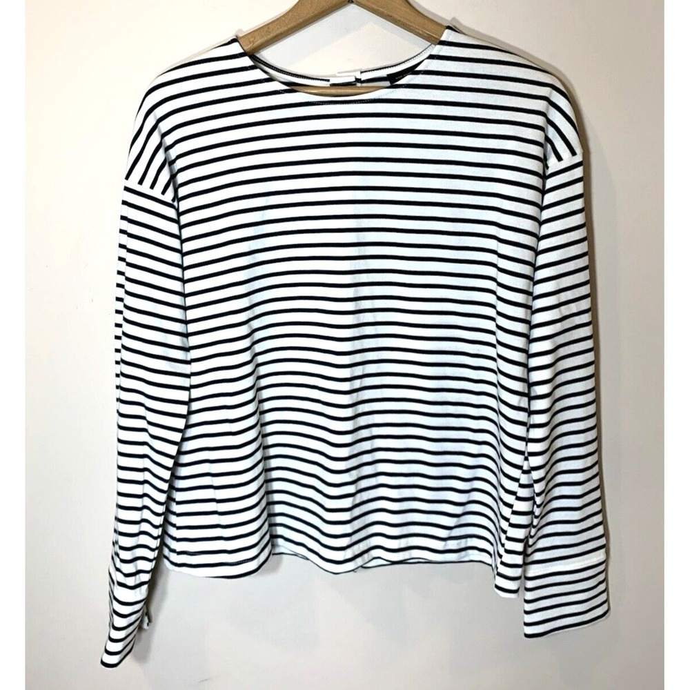 Who What Wear Breton Stripe‎ Top Womens XS Black Ivory Long Sleeve 100% Cotton
